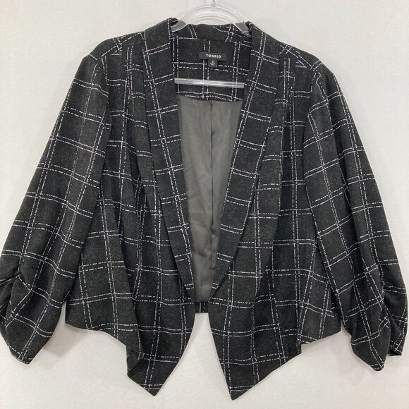 TORRID Blazer sz 2X Black White Plaid Print Blazer Open Front 3/4 Ruched Sleeve - Picture 4 of 12